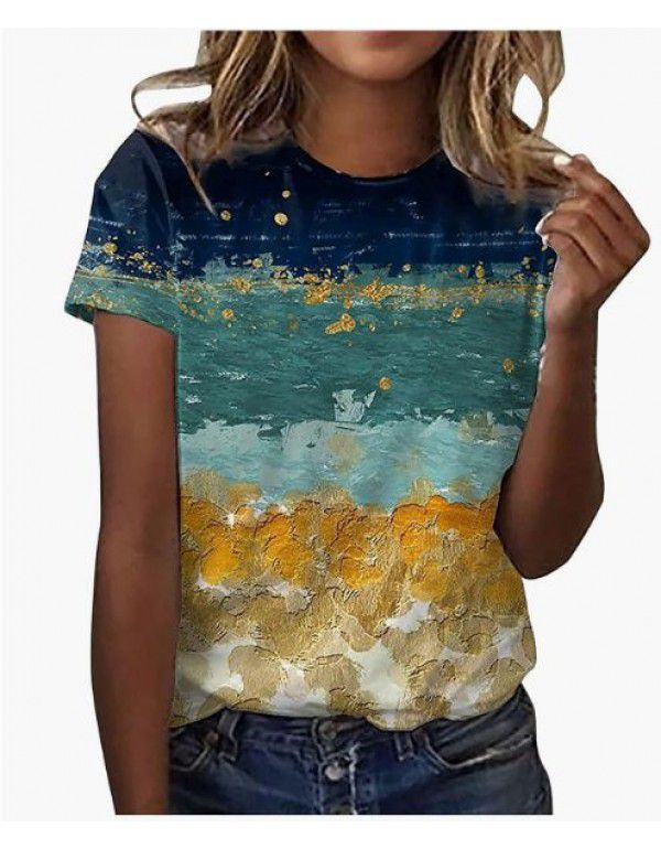 Summer New Landscape Painting Print V-Neck Short Sleeve T-shirt Women