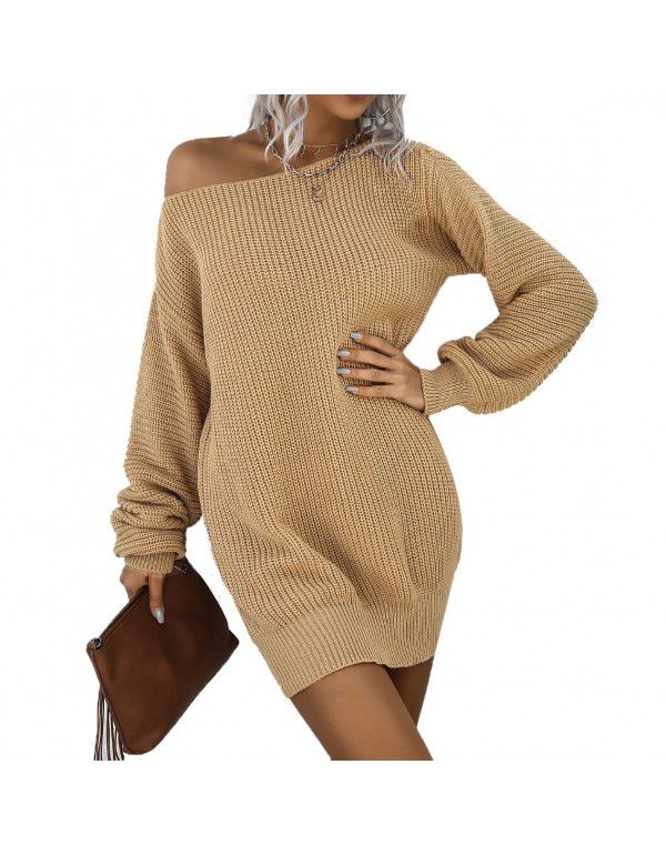 Women's autumn and winter dress European casual off shoulder lantern sleeve knitted woolen dress