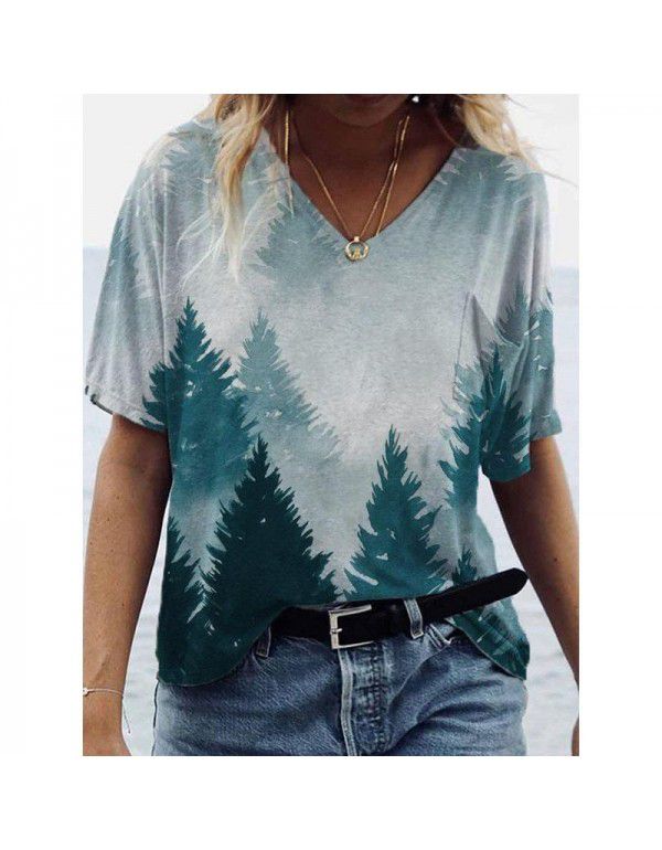 Summer New Landscape Painting Print V-Neck Short Sleeve T-shirt Women