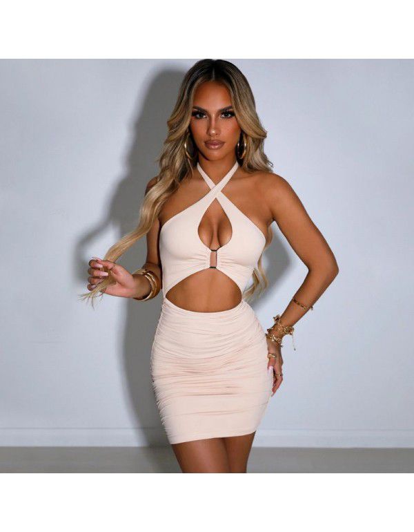 Spring and Summer New Cutout Sexy Open Back Cross Hanging Neck Snap Wrap Hip Dress Women's Double Layer