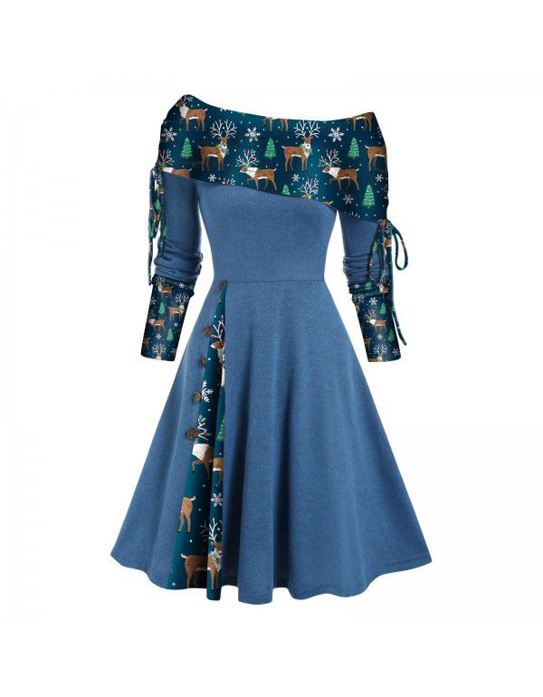 Women's autumn and winter new long-sleeved one-shoulder solid color printed patchwork button dress 