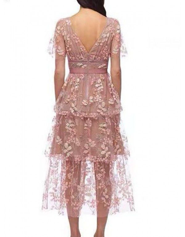 SP new pink flower sequin beaded high waist V-neck temperament long dress holiday party heavy embroidery dress 