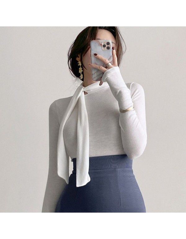 New sexy celebrity woman-style ribbon tight-fitting, slightly revealing chest, large high-necked long-sleeved T-shirt, female 