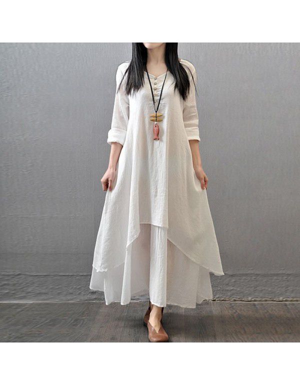 Spring and autumn holiday two-piece long skirt, artistic large linen dress, loose long-sleeved cotton and linen skirt 