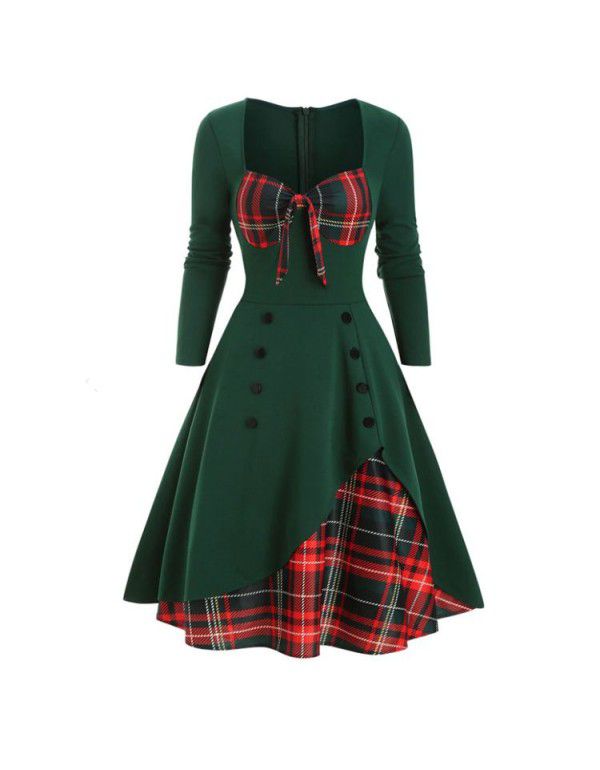 Spring and summer new women's color contrast stitching double-breasted large hem dress 