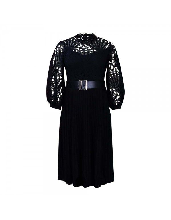 Summer Oversized Lace Hooked Flower Sexy Hollow Out Pleated European and American Dress Dress 