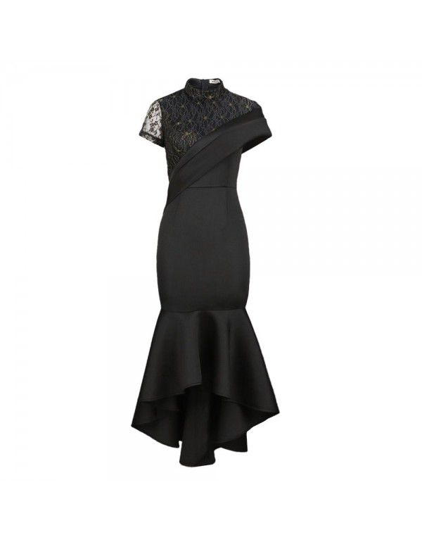 Round neck sexy perspective lace short sleeve high waist ruffled party dress for women 