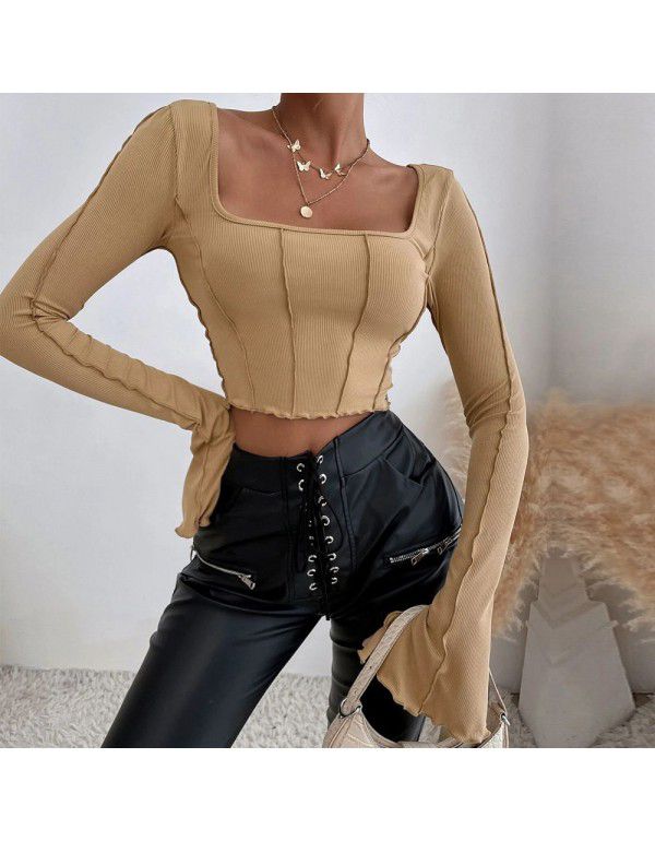 Spring and Summer New Slim Fit Long Sleeve Square Neck Pullover Knitted Top T-shirt Women