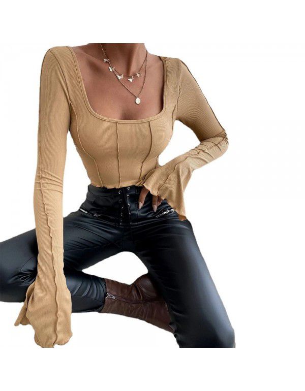 Spring and Summer New Slim Fit Long Sleeve Square Neck Pullover Knitted Top T-shirt Women