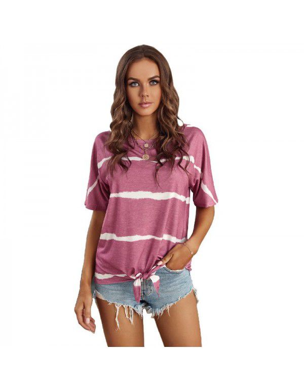 Shiying Short Sleeve T-shirt Women's European Summer New Stripe Pattern Women's Loose Round Neck Top Women