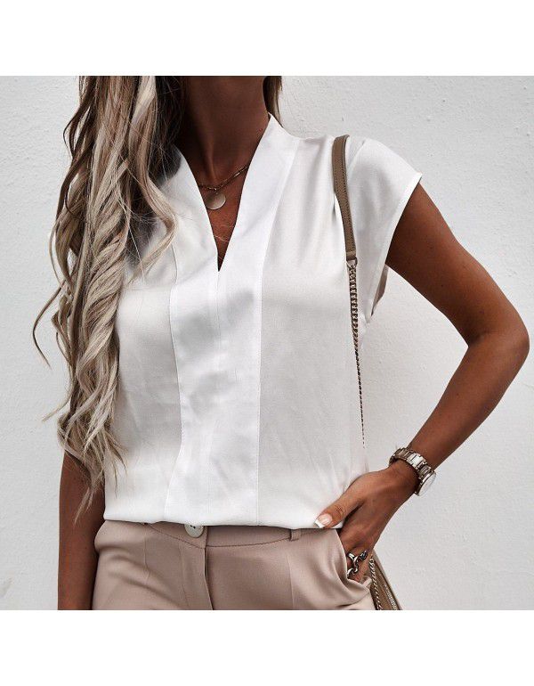 European and American Solid Color V-Neck Short Sleeve T-shirt Top Women's Wear