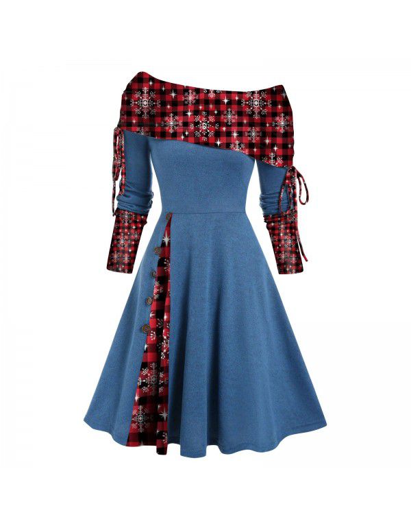 Women's autumn and winter new long-sleeved one-shoulder solid color printed patchwork button dress 