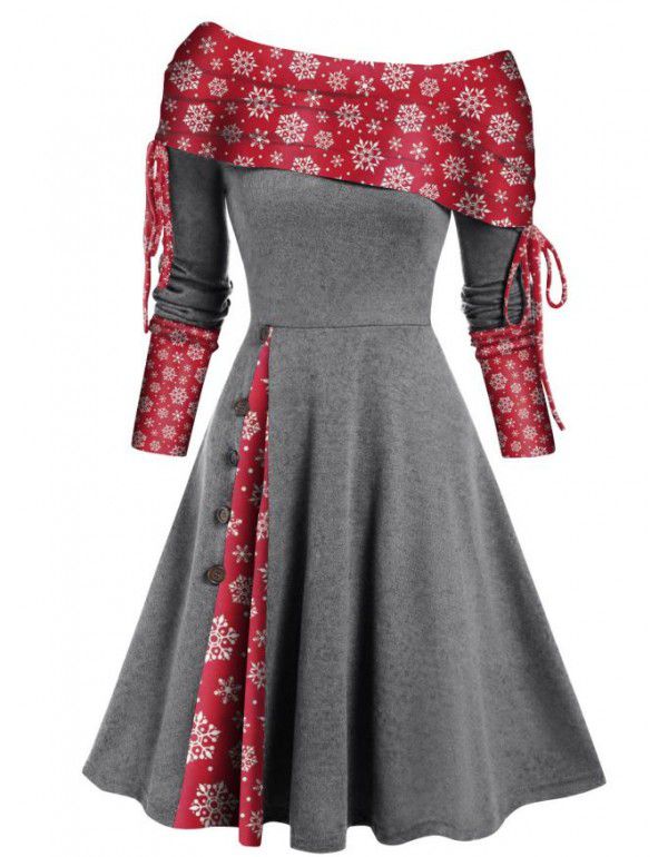 Women's autumn and winter new long-sleeved one-shoulder solid color printed patchwork button dress 
