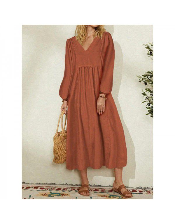 Summer New Fashion Women's Cotton Linen Loose Lantern Sleeves Occidental Dress
