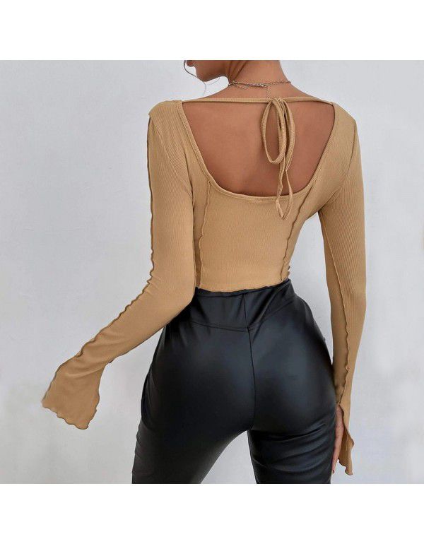 Spring and Summer New Slim Fit Long Sleeve Square Neck Pullover Knitted Top T-shirt Women