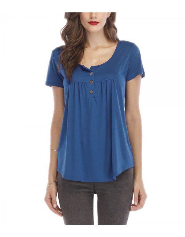 Hot summer sale pleated button loose fitting short sleeve T-shirt