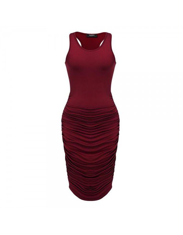 Women's sexy dress slim pleated sleeveless buttock dress 