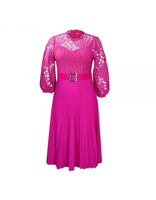 Summer Oversized Lace Hooked Flower Sexy Hollow Out Pleated European and American Dress Dress 