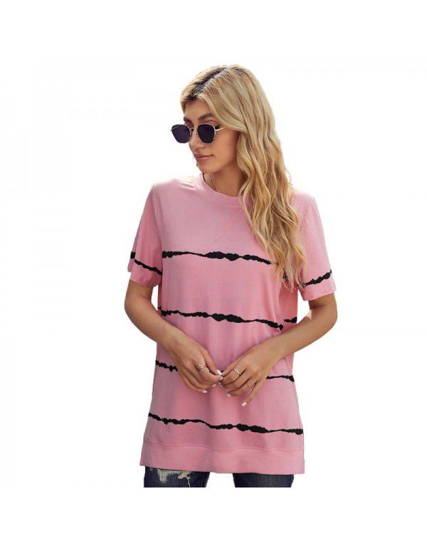 Shiying Short Sleeve T-shirt Women's European Summer New Stripe Pattern Women's Loose Round Neck Top Women