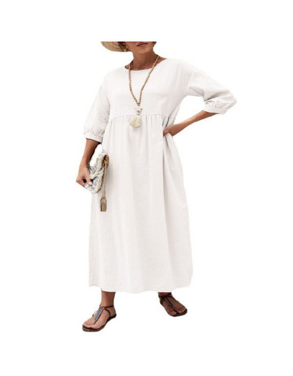 Solid Fashion Lantern Sleeves Loose Cotton Linen Pocket Dress In Stock
