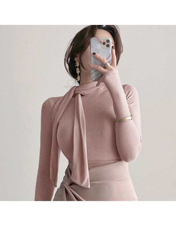 New sexy celebrity woman-style ribbon tight-fitting, slightly revealing chest, large high-necked long-sleeved T-shirt, female 