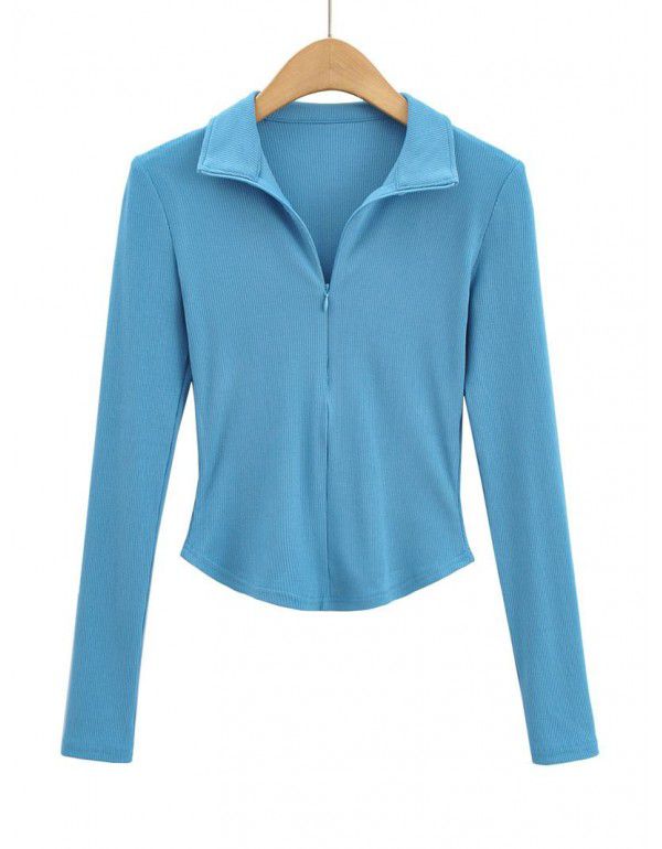 Korean basic slim zipper lapel net long-sleeved T-shirt top for women 