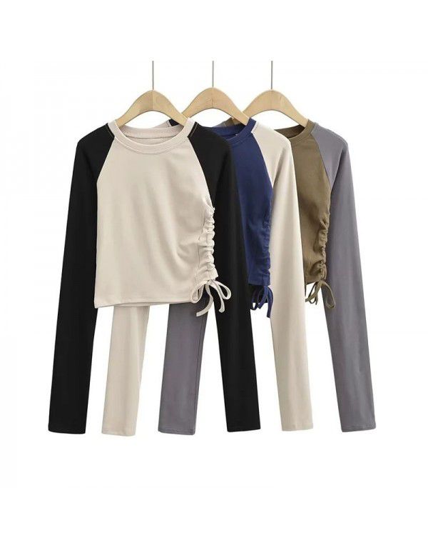 Fall side drawcord long-sleeved T-shirt sexy hot girl top new round neck contrast short bottom blouse women 