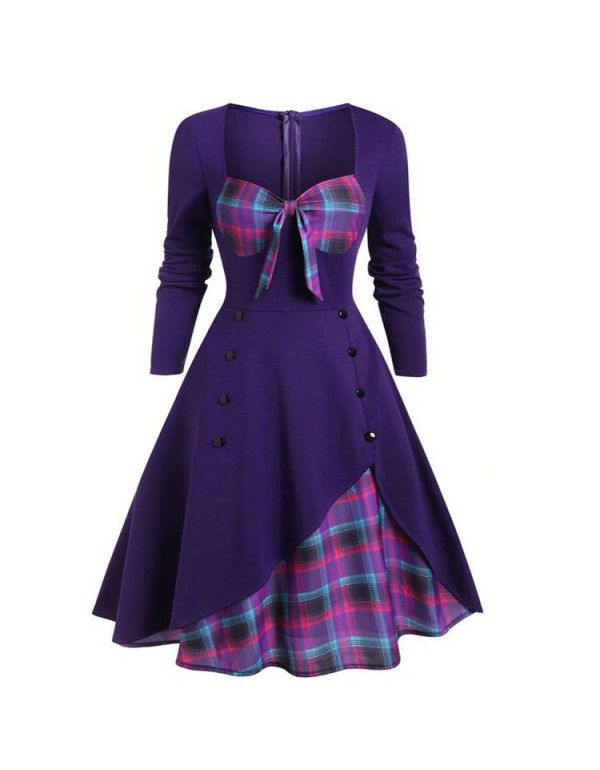 Spring and summer new women's color contrast stitching double-breasted large hem dress 