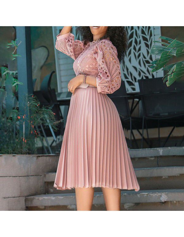 Summer Oversized Lace Hooked Flower Sexy Hollow Out Pleated European and American Dress Dress 