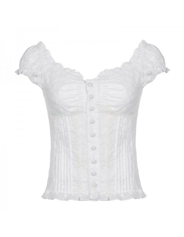 Pure sexy lace panel pleated slim button V-neck short sleeve T-shirt top female 