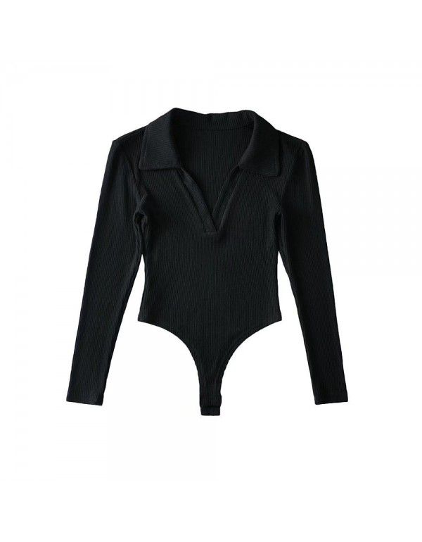 New Spice Girls sexy deep V-neck long-sleeved one-piece women's autumn and winter polo lapel slim bottom T-shirt top 