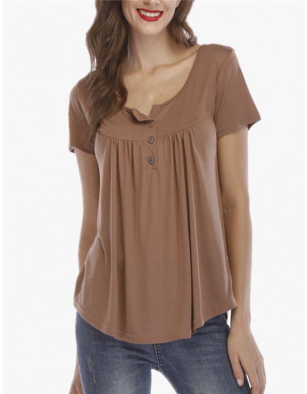 Hot summer sale pleated button loose fitting short sleeve T-shirt