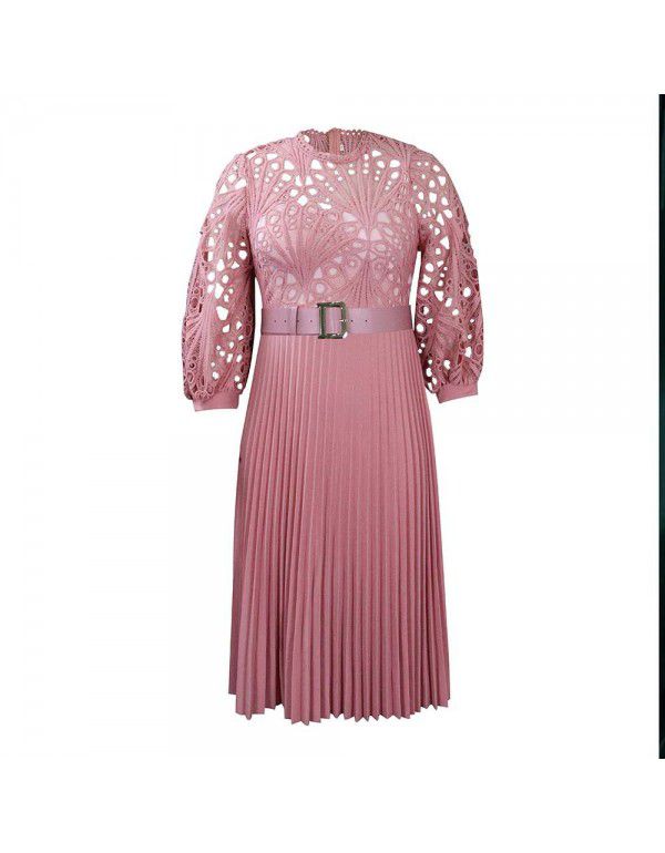 Summer Oversized Lace Hooked Flower Sexy Hollow Out Pleated European and American Dress Dress 