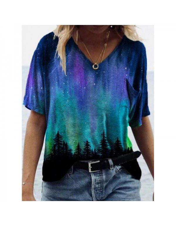Summer New Landscape Painting Print V-Neck Short Sleeve T-shirt Women