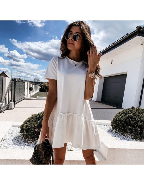 Spring New Temperament Commuter Mid-waist Solid Color Pullover Loose Round Neck Ruffle Flap Dress Women's Dress 