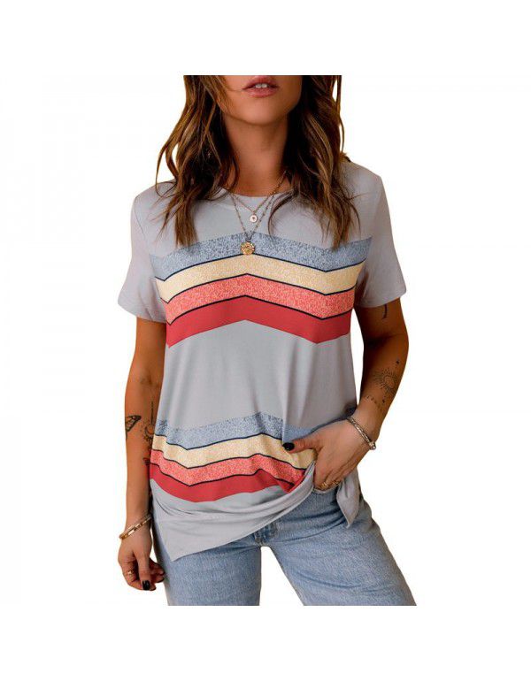 Shiying Short Sleeve T-shirt Women's European Summer New Stripe Pattern Women's Loose Round Neck Top Women