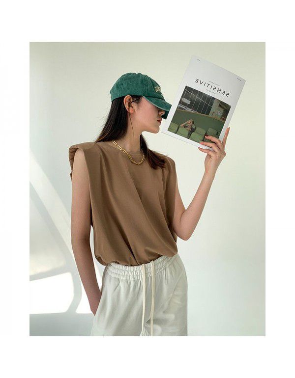 Summer French white right-angled shoulder vest, camisole, female minority design, thin shoulder pad, sleeveless T-shirt, loose top 