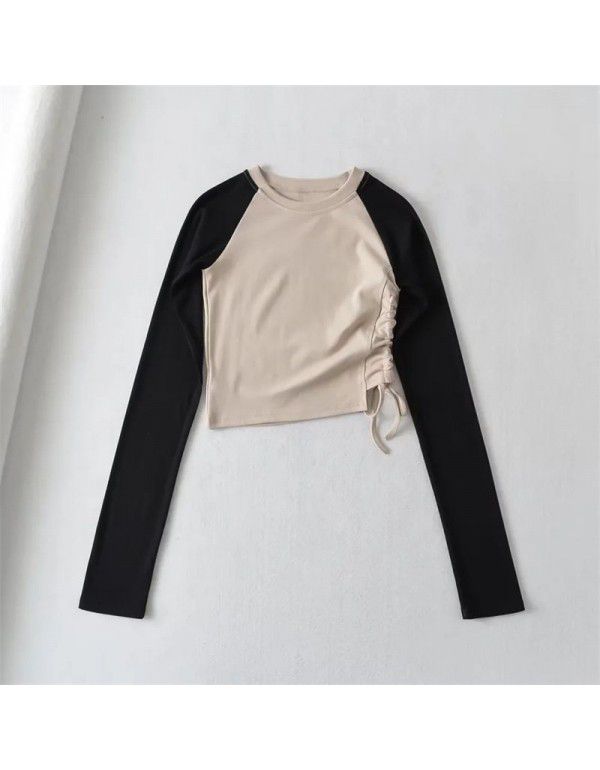 Fall side drawcord long-sleeved T-shirt sexy hot girl top new round neck contrast short bottom blouse women 