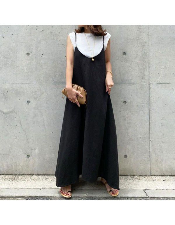 Summer New Loose Black Slim Casual Strap Long Dress