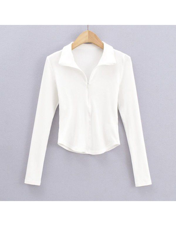 Korean basic slim zipper lapel net long-sleeved T-shirt top for women 