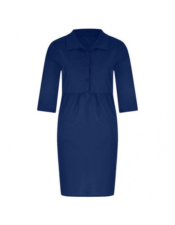 Popular European and American style 3/4 sleeve deep V-neck loose casual solid color dress
