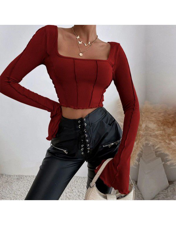 Spring and Summer New Slim Fit Long Sleeve Square Neck Pullover Knitted Top T-shirt Women