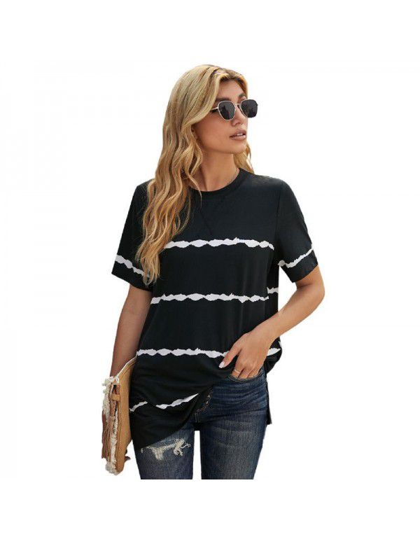 Shiying Short Sleeve T-shirt Women's European Summer New Stripe Pattern Women's Loose Round Neck Top Women
