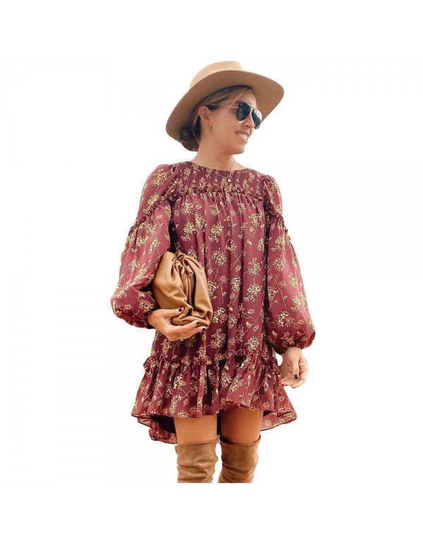 Shiying Red Ruffled Loose Sleeve Dress Women's Loose Pullover Knee Length Dress