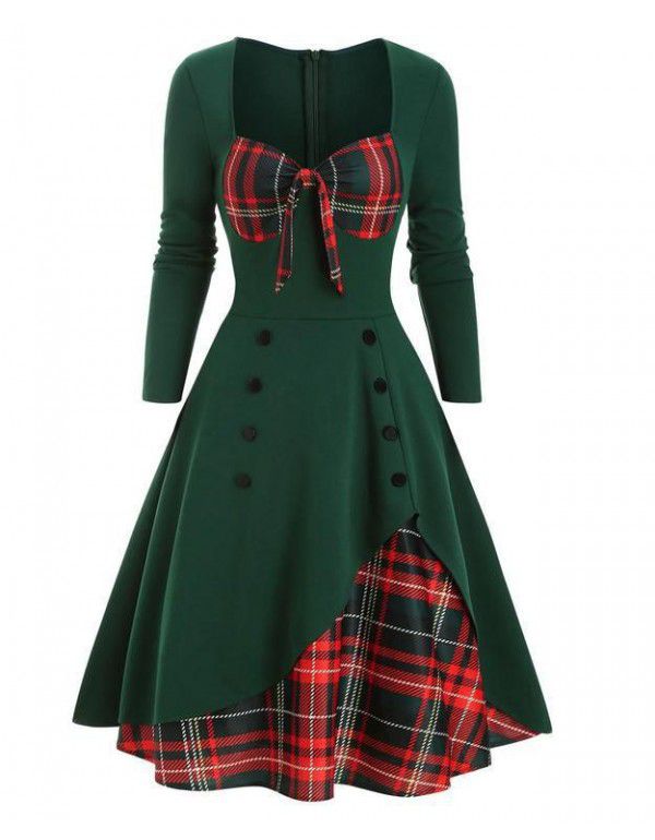 Spring and summer new women's color contrast stitching double-breasted large hem dress 