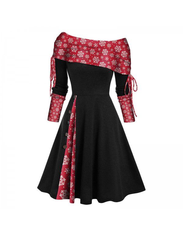 Women's autumn and winter new long-sleeved one-shoulder solid color printed patchwork button dress 