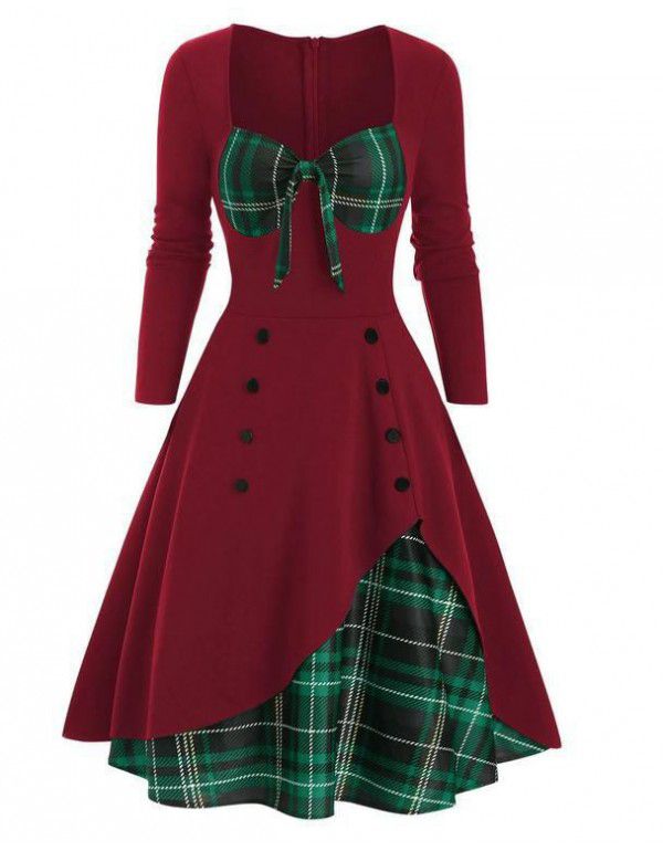 Spring and summer new women's color contrast stitching double-breasted large hem dress 