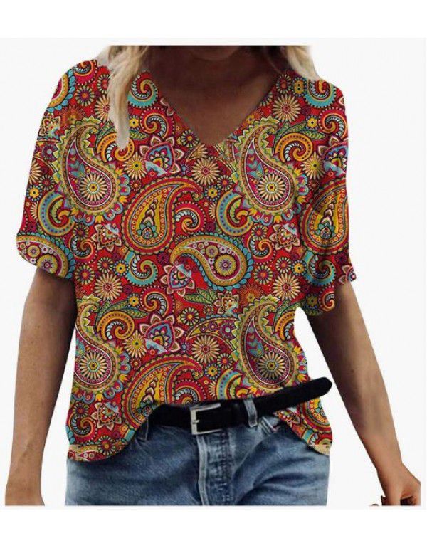 Summer New Landscape Painting Print V-Neck Short Sleeve T-shirt Women