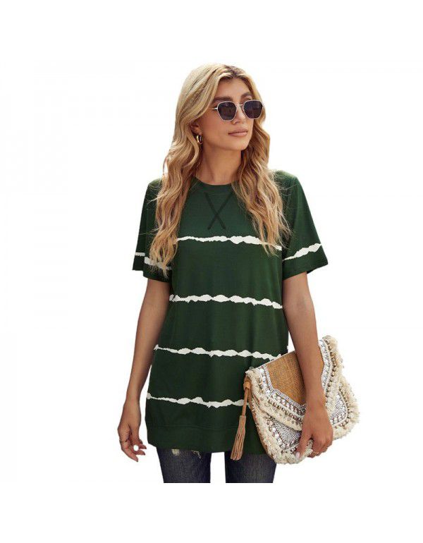 Shiying Short Sleeve T-shirt Women's European Summer New Stripe Pattern Women's Loose Round Neck Top Women