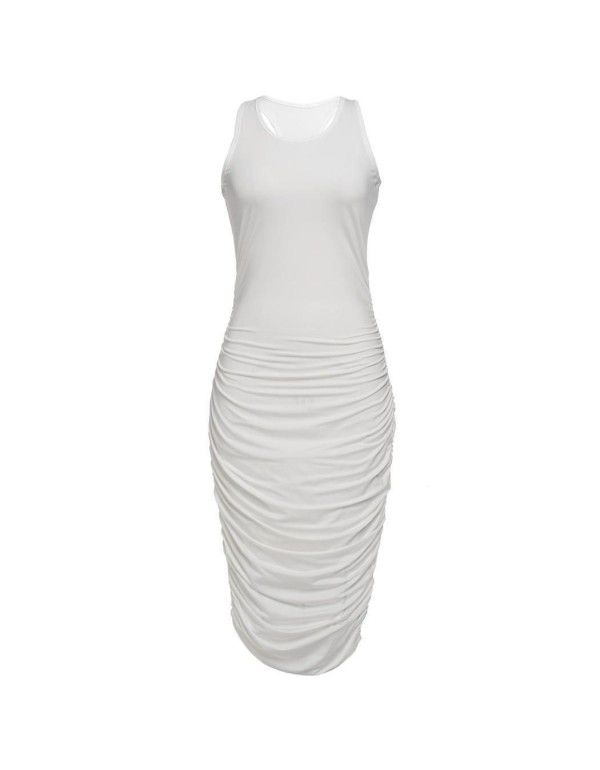 Women's sexy dress slim pleated sleeveless buttock dress 